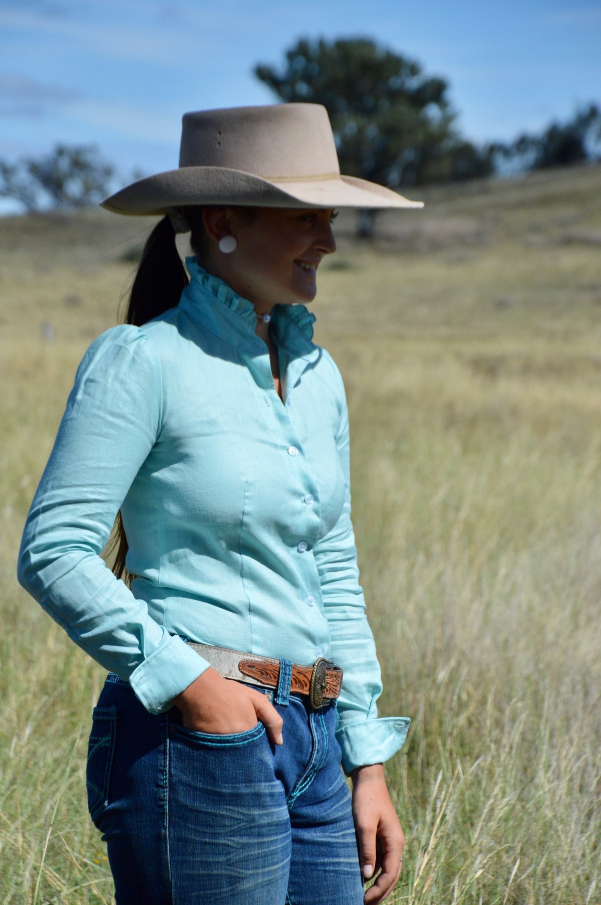 Evie Linen Soft Ruffle Arena Shirt ~ Teal   image 0