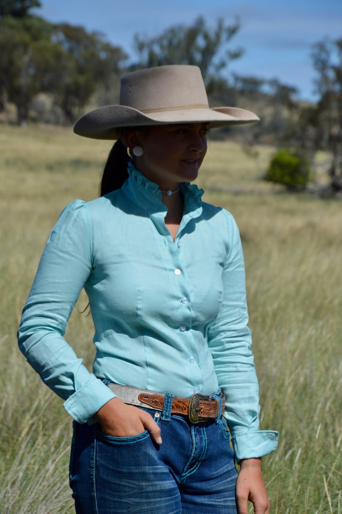 Evie Linen Soft Ruffle Arena Shirt ~ Teal   image 1