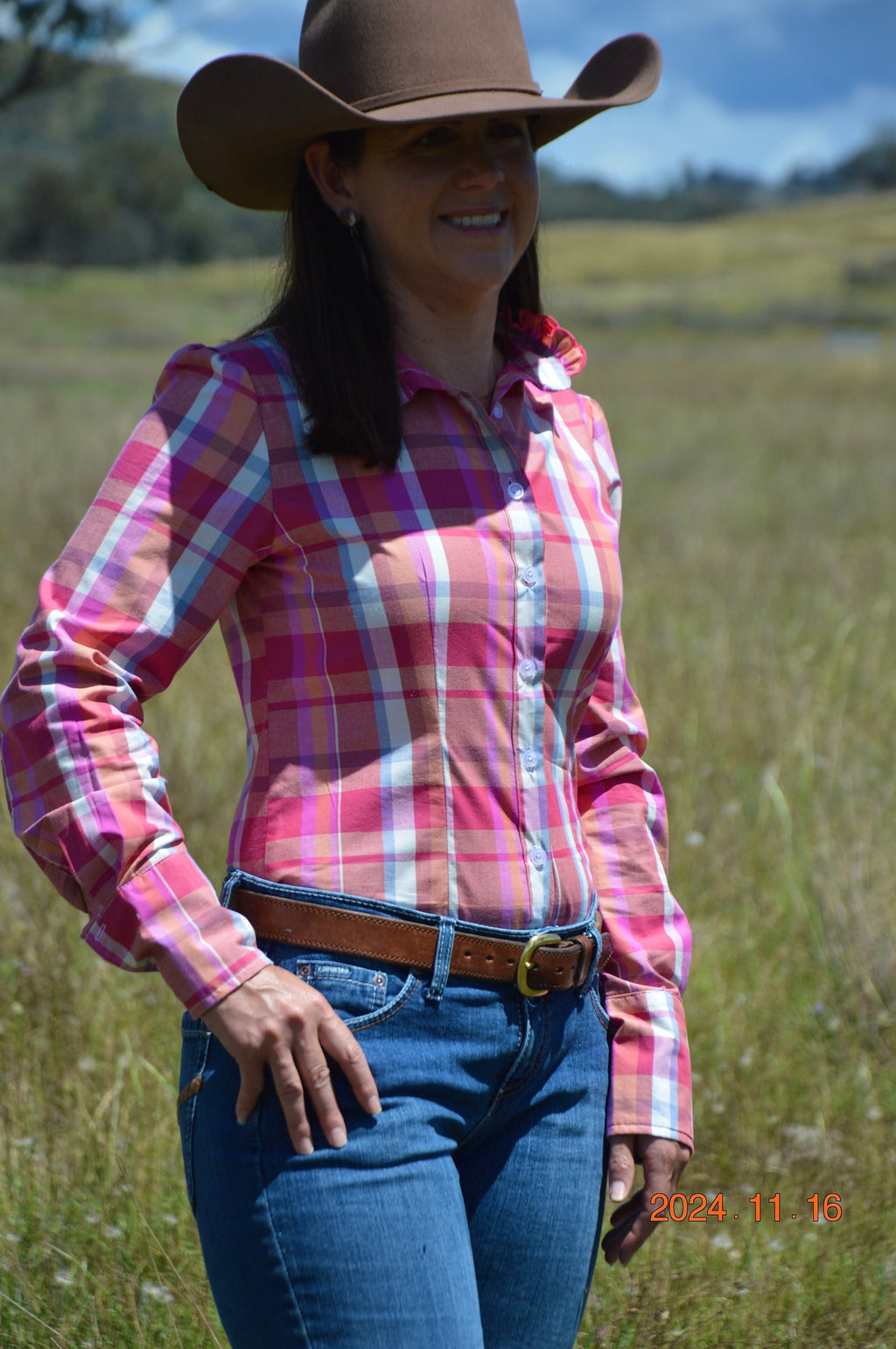 Evie Cotton Soft Ruffle Arena Shirt ~  Coral Plaid  image 1