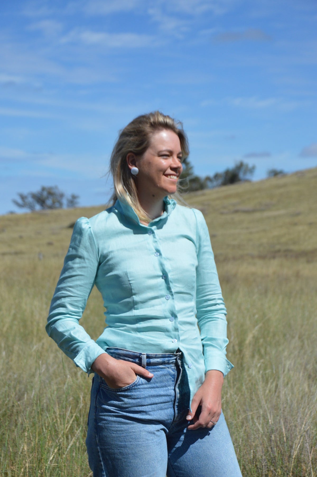 Evie Linen Soft Ruffle Arena Shirt ~ Teal   image 2